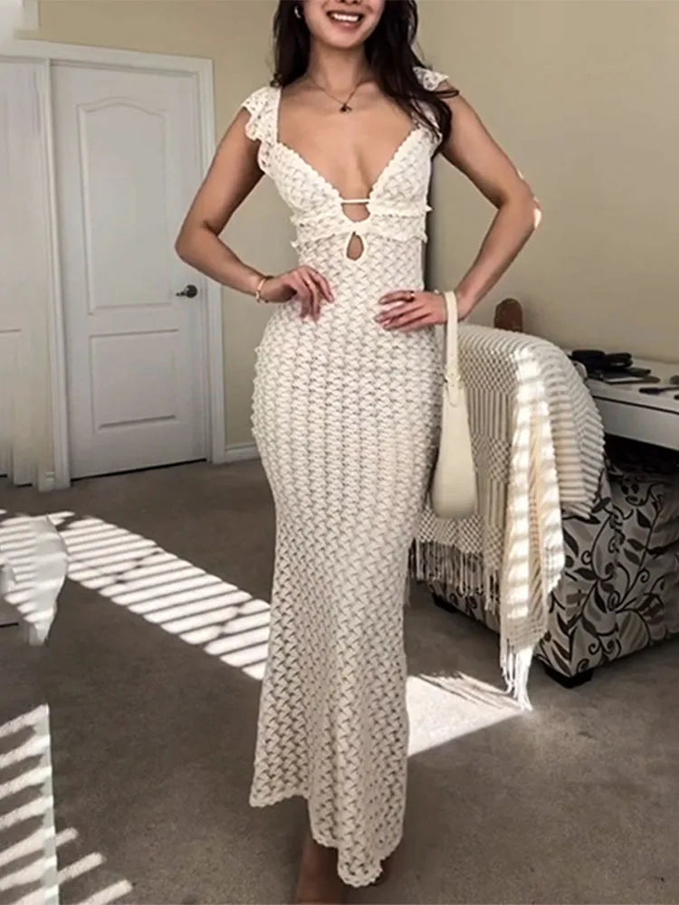 Deep V Neck Sexy Dresses Women Sleeveless Slim High Waist Long Dress Femme Elegant Holiday Knitted Beach Dress Woman 2025