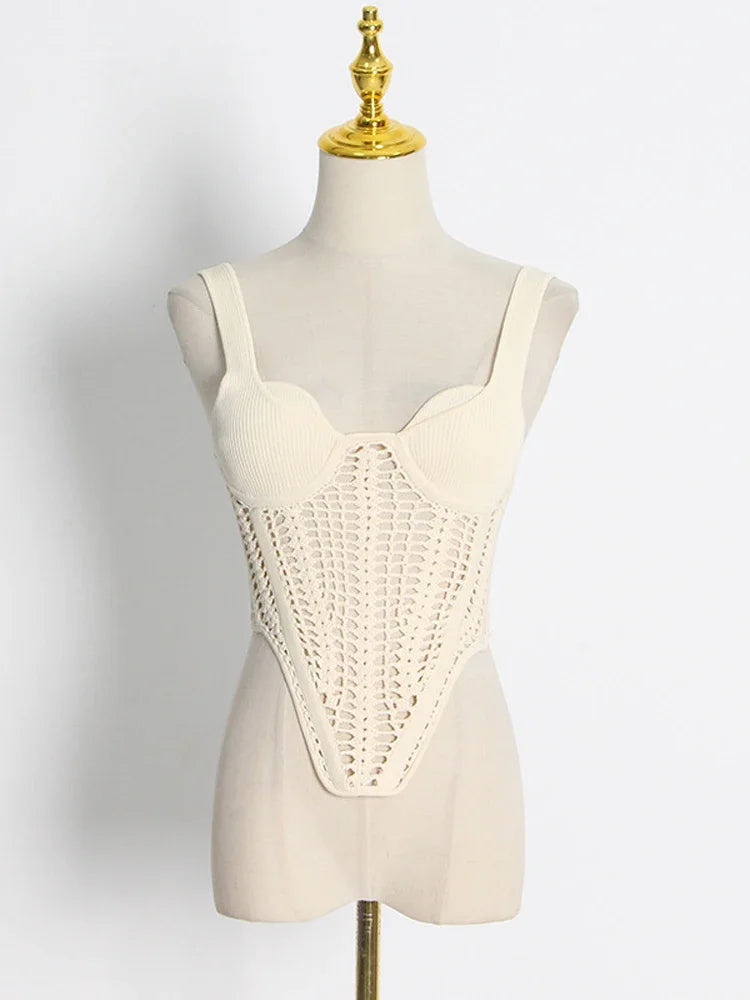 Fishbone Waist Crocheted Knitted Crop Tops Women Vest Tee 2025 Summer Sexy Sleeveless Hollow Out Y2K Tops Corset Top