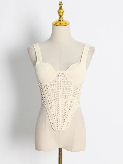 Fishbone Waist Crocheted Knitted Crop Tops Women Vest Tee 2025 Summer Sexy Sleeveless Hollow Out Y2K Tops Corset Top