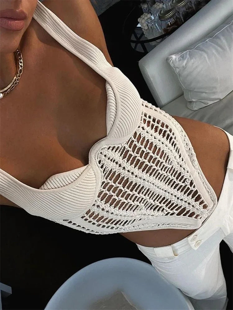 Fishbone Waist Crocheted Knitted Crop Tops Women Vest Tee 2025 Summer Sexy Sleeveless Hollow Out Y2K Tops Corset Top