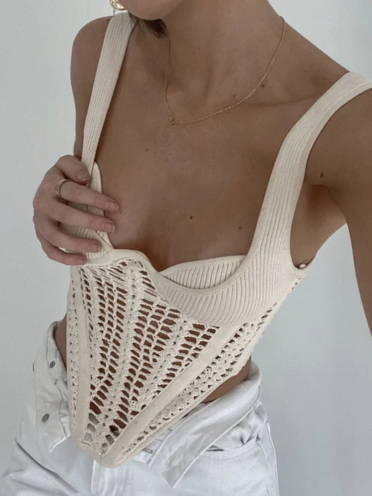 Fishbone Waist Crocheted Knitted Crop Tops Women Vest Tee 2025 Summer Sexy Sleeveless Hollow Out Y2K Tops Corset Top