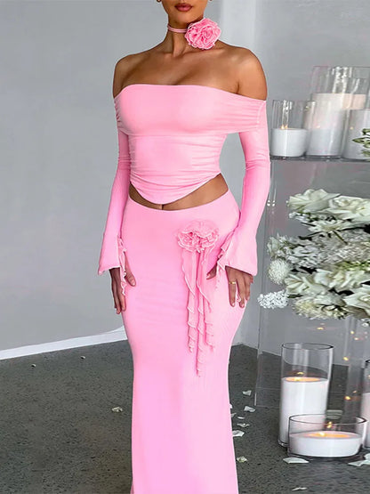 Flower Bodycon Skirt Sets Women Slim Sexy Backless Lace Up Tops Women’s Party Elegant Dress 2 Piece Womens Suits Outfits