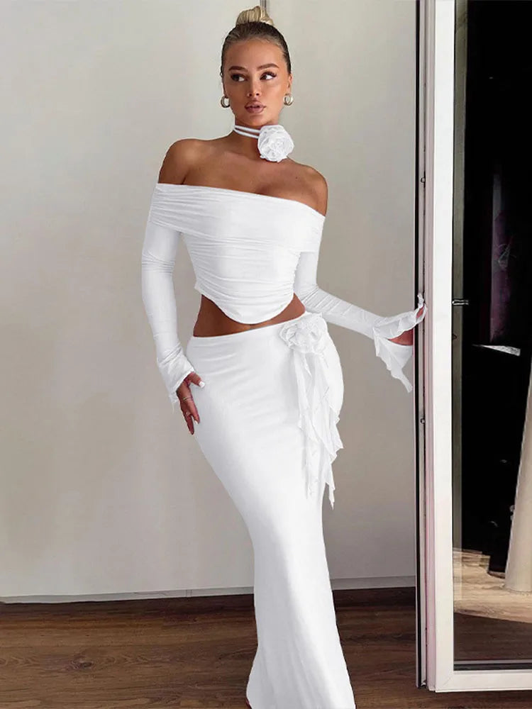 Flower Bodycon Skirt Sets Women Slim Sexy Backless Lace Up Tops Women’s Party Elegant Dress 2 Piece Womens Suits Outfits