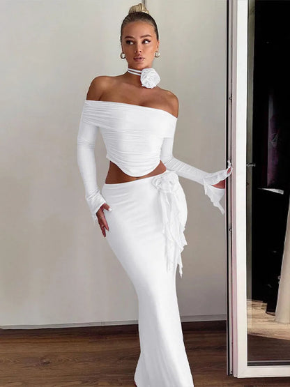 Flower Bodycon Skirt Sets Women Slim Sexy Backless Lace Up Tops Women’s Party Elegant Dress 2 Piece Womens Suits Outfits