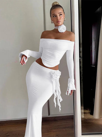Flower Bodycon Skirt Sets Women Slim Sexy Backless Lace Up Tops Women’s Party Elegant Dress 2 Piece Womens Suits Outfits