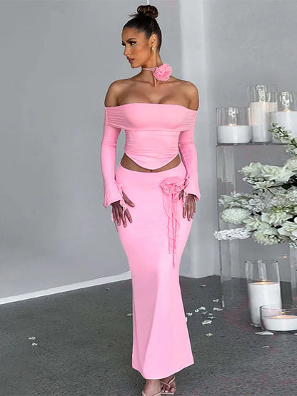 Flower Bodycon Skirt Sets Women Slim Sexy Backless Lace Up Tops Women’s Party Elegant Dress 2 Piece Womens Suits Outfits