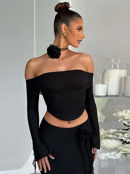 Flower Bodycon Skirt Sets Women Slim Sexy Backless Lace Up Tops Women’s Party Elegant Dress 2 Piece Womens Suits Outfits