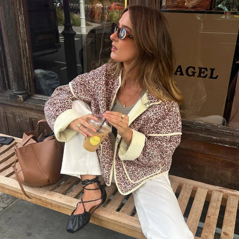 Flower Print Jackets For Women Fashion Pocket Slim Coat Womens Clothes Street Casual Autumn Cardigan Female New Outerwear