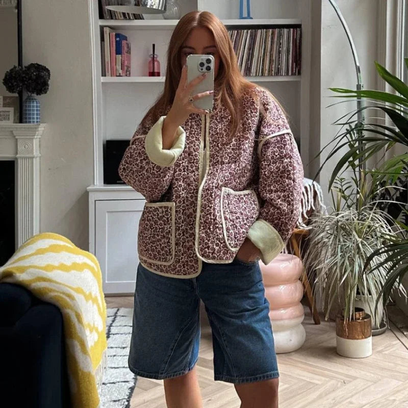 Flower Print Jackets For Women Fashion Pocket Slim Coat Womens Clothes Street Casual Autumn Cardigan Female New Outerwear
