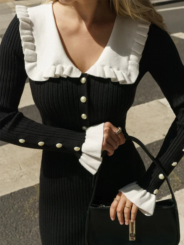 High Waist Ruffled Maxi Dresses For Women Autumn Winter Knitted Slim Long Dress Women’s Vintage Dress Woman Retro Elegant