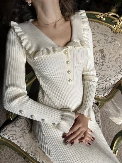 High Waist Ruffled Maxi Dresses For Women Autumn Winter Knitted Slim Long Dress Women’s Vintage Dress Woman Retro Elegant
