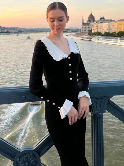 High Waist Ruffled Maxi Dresses For Women Autumn Winter Knitted Slim Long Dress Women’s Vintage Dress Woman Retro Elegant