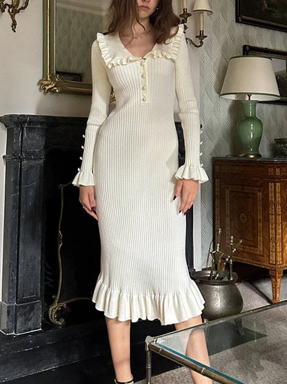 High Waist Ruffled Maxi Dresses For Women Autumn Winter Knitted Slim Long Dress Women’s Vintage Dress Woman Retro Elegant
