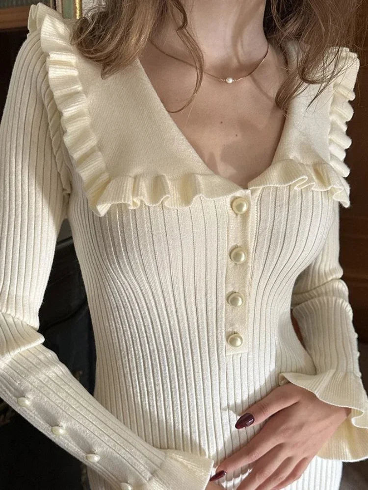 High Waist Ruffled Maxi Dresses For Women Autumn Winter Knitted Slim Long Dress Women’s Vintage Dress Woman Retro Elegant