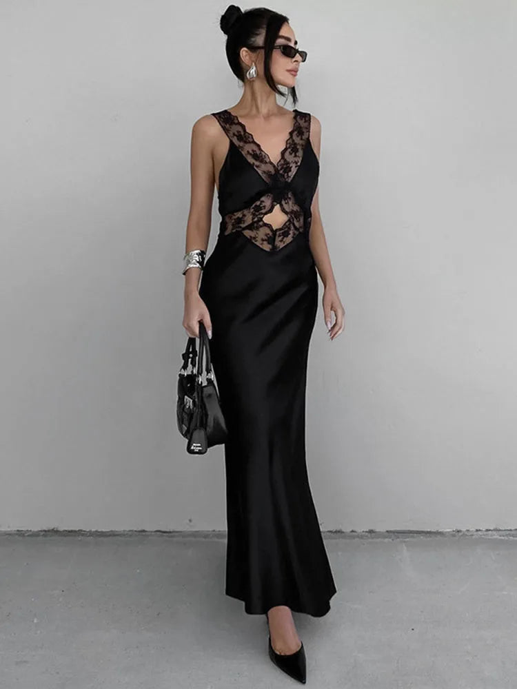 Lace Slim Maxi Dresses For Women Clothing Deep V Neck Sexy High Wasit Long Dress Party Fashion Evening Dress Woman 2025