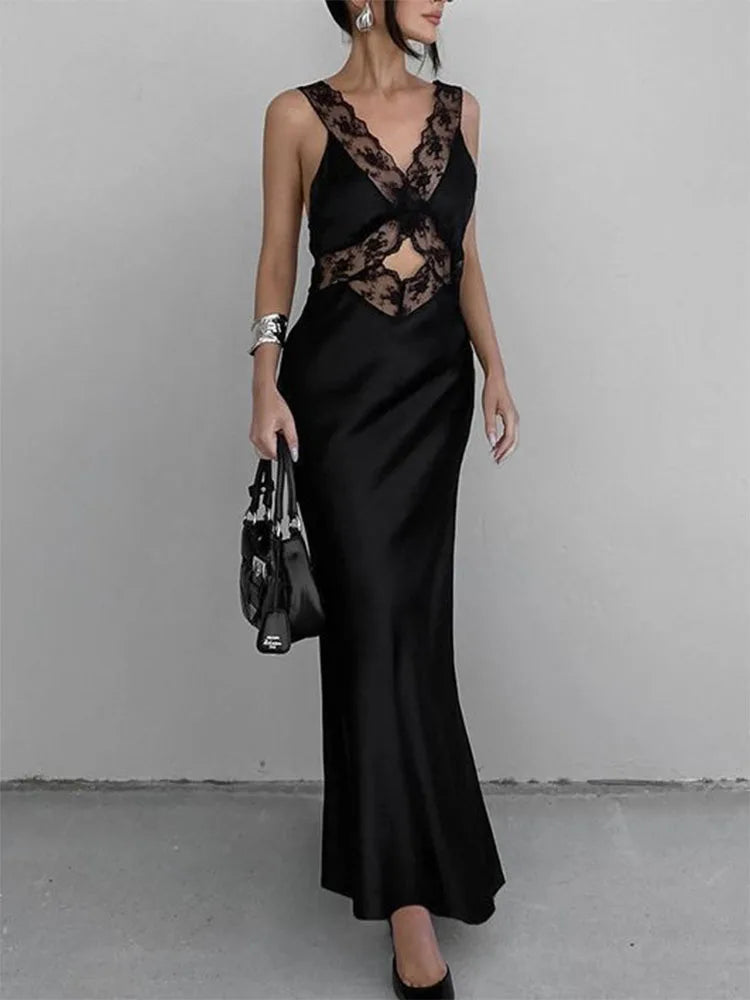 Lace Slim Maxi Dresses For Women Clothing Deep V Neck Sexy High Wasit Long Dress Party Fashion Evening Dress Woman 2025
