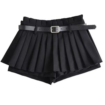 Low Waist Slim Mini Pleated Skirt For Women 2025 Summer Casual Black Belt Skirts Babes Fashionable Solid Une Jupe Ligne
