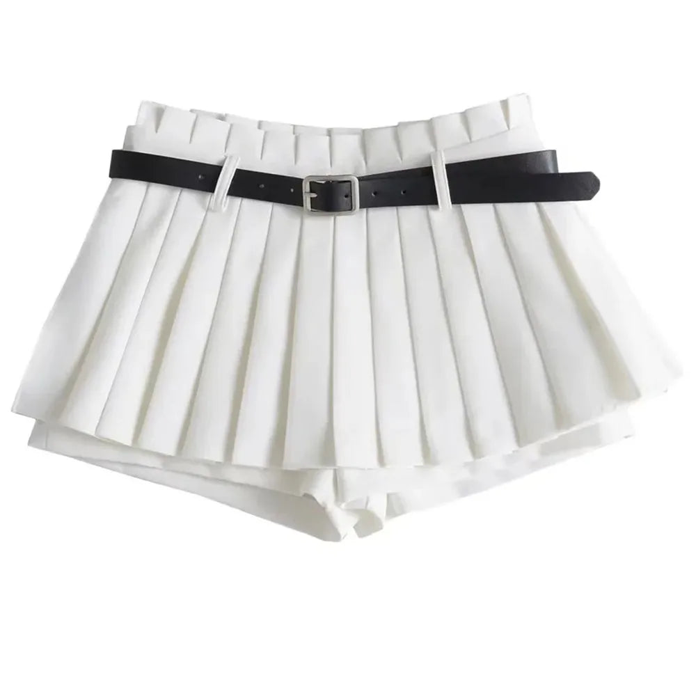 Low Waist Slim Mini Pleated Skirt For Women 2025 Summer Casual Black Belt Skirts Babes Fashionable Solid Une Jupe Ligne