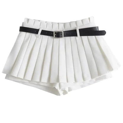 Low Waist Slim Mini Pleated Skirt For Women 2025 Summer Casual Black Belt Skirts Babes Fashionable Solid Une Jupe Ligne