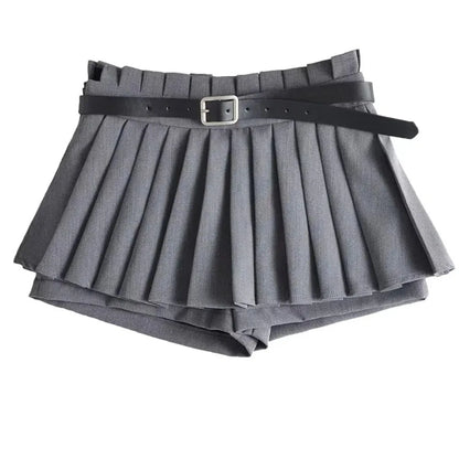 Low Waist Slim Mini Pleated Skirt For Women 2025 Summer Casual Black Belt Skirts Babes Fashionable Solid Une Jupe Ligne