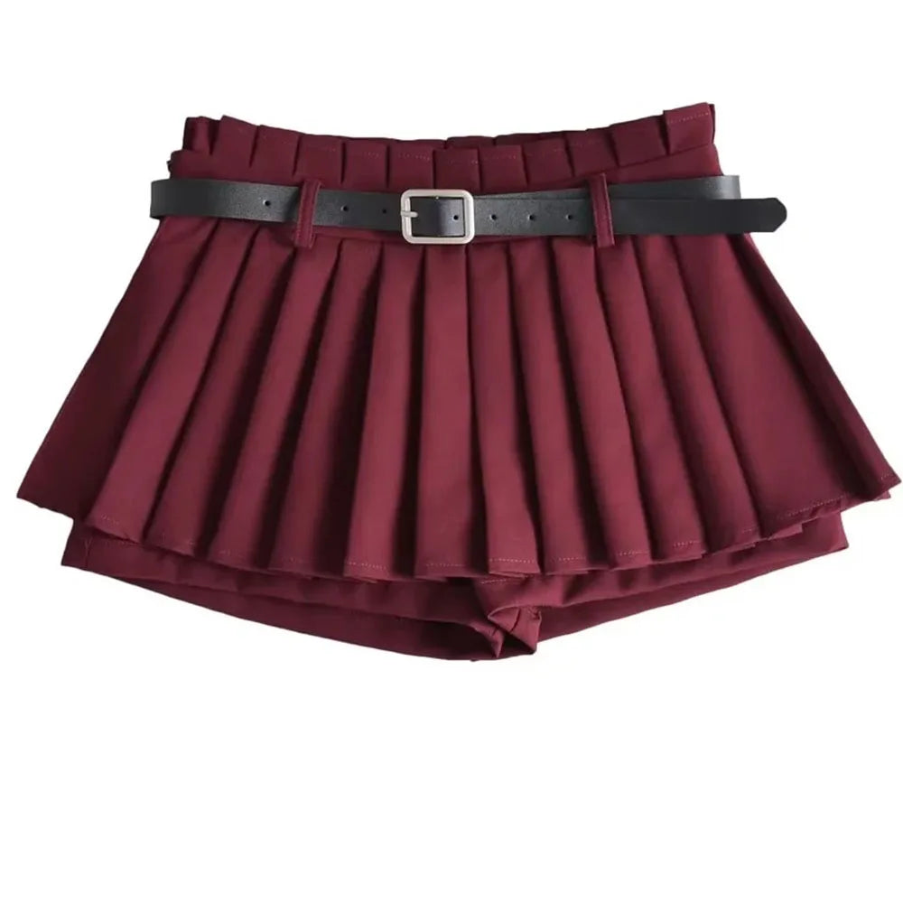 Low Waist Slim Mini Pleated Skirt For Women 2025 Summer Casual Black Belt Skirts Babes Fashionable Solid Une Jupe Ligne