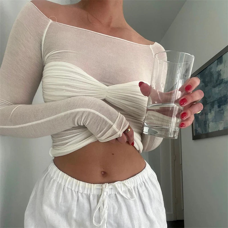 Off Shoulder Knit Sheer Tops For Women Summer White Lace Twist T-Shirt Femme Long Sleeve Mesh Tops See-Through Knitted