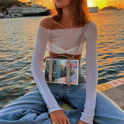 Off Shoulder Knit Sheer Tops For Women Summer White Lace Twist T-Shirt Femme Long Sleeve Mesh Tops See-Through Knitted