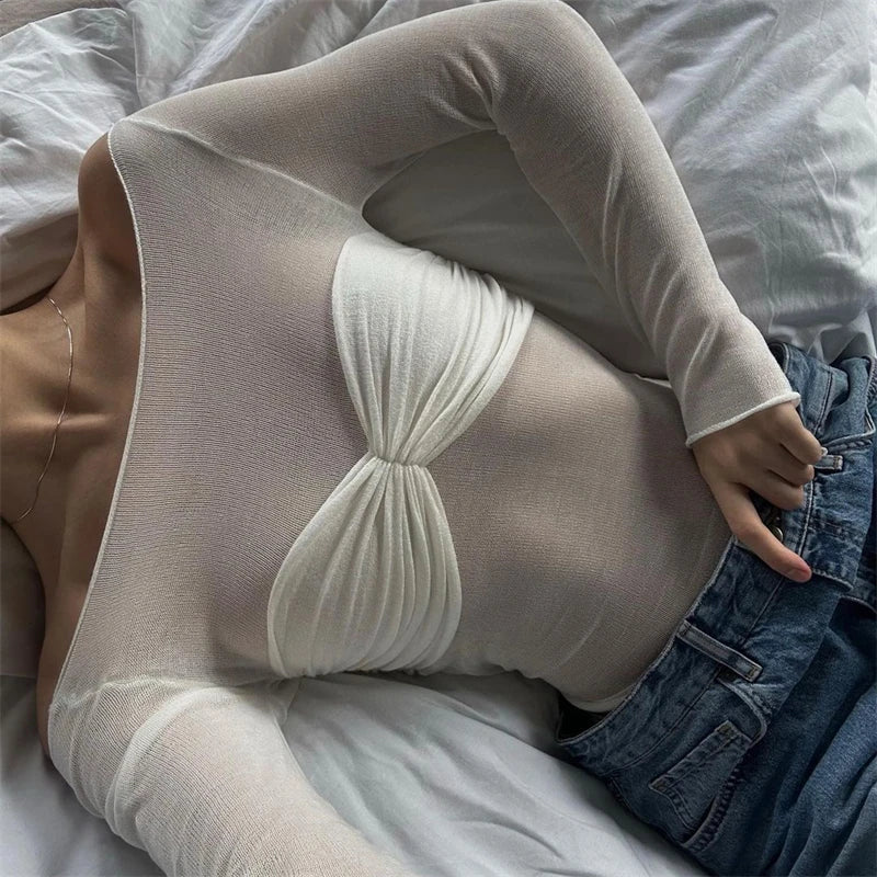 Off Shoulder Knit Sheer Tops For Women Summer White Lace Twist T-Shirt Femme Long Sleeve Mesh Tops See-Through Knitted