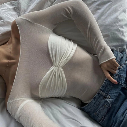 Off Shoulder Knit Sheer Tops For Women Summer White Lace Twist T-Shirt Femme Long Sleeve Mesh Tops See-Through Knitted