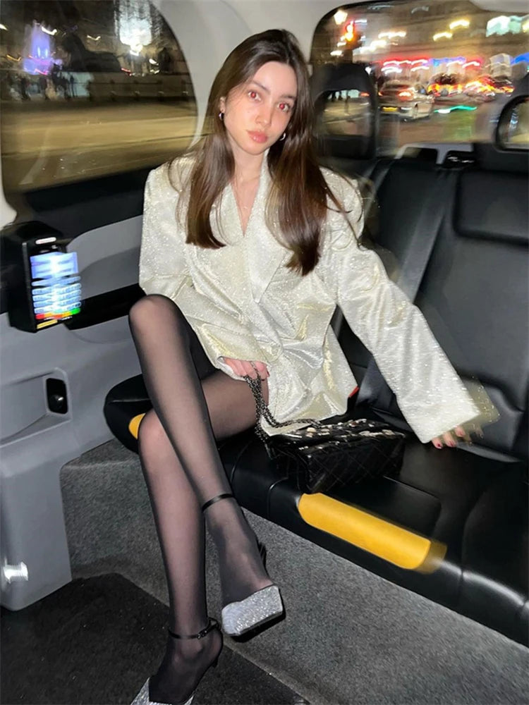 Party Sliver Glitter Three Piece Blazer Sets For Women Fashion Clubwear Sparkly Bra And Pants 2 Piece Mathcing Set New
