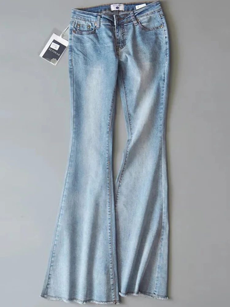 Retro Low Waist Blue Jeans For Women 2025 Bodycon Flared Pants Ladies Basic Slim Fit Summer Street Casual Jeans Woman