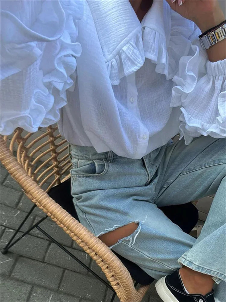Ruffle Loose Women Shirts 2025 Cotton Long Sleeve Elegant White Tshirt Ladies Street Casual Holiday Baggy Cover Up Female