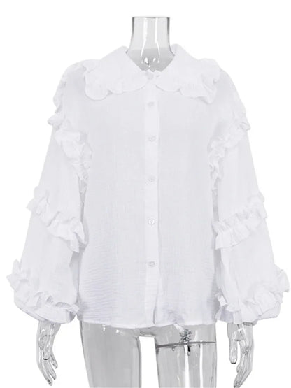 Ruffle Loose Women Shirts 2025 Cotton Long Sleeve Elegant White Tshirt Ladies Street Casual Holiday Baggy Cover Up Female