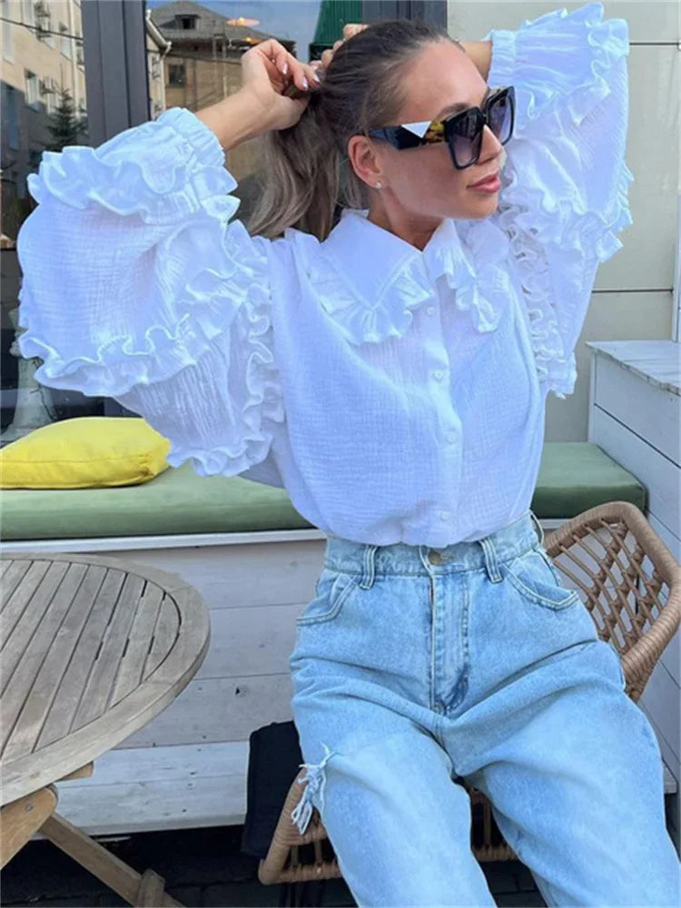 Ruffle Loose Women Shirts 2025 Cotton Long Sleeve Elegant White Tshirt Ladies Street Casual Holiday Baggy Cover Up Female