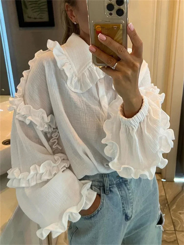 Ruffle Loose Women Shirts 2025 Cotton Long Sleeve Elegant White Tshirt Ladies Street Casual Holiday Baggy Cover Up Female