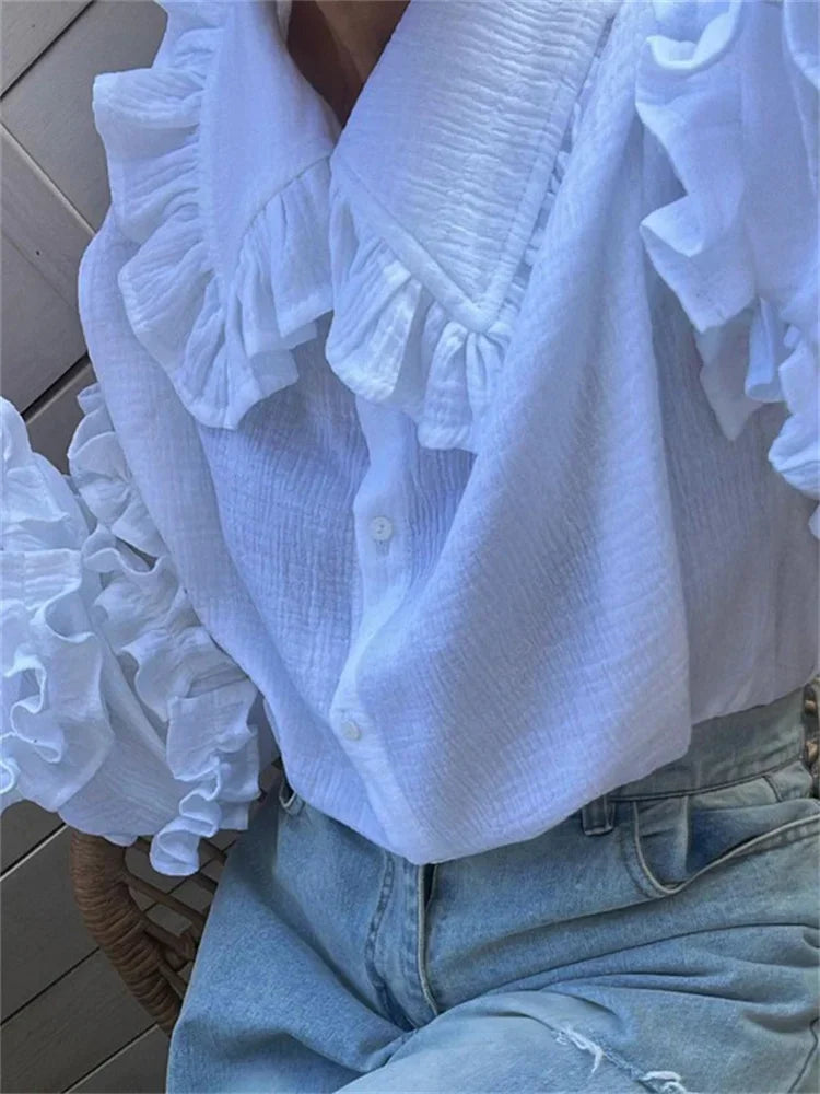 Ruffle Loose Women Shirts 2025 Cotton Long Sleeve Elegant White Tshirt Ladies Street Casual Holiday Baggy Cover Up Female