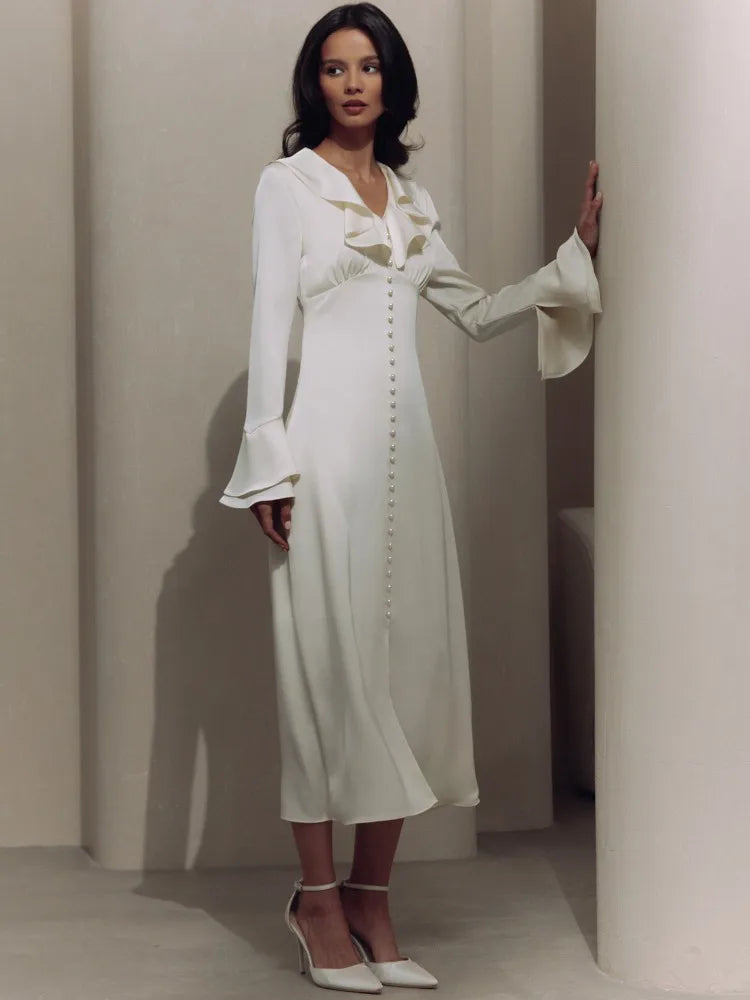Ruffle V Neck Elegant Dress For Women Slim Long Sleeve High Waist Temperament Dresses Femme Party Slit Long Dress Woman