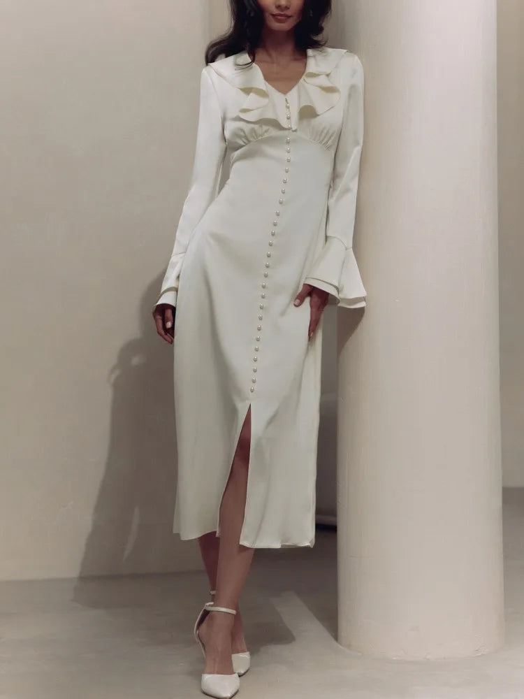 Ruffle V Neck Elegant Dress For Women Slim Long Sleeve High Waist Temperament Dresses Femme Party Slit Long Dress Woman