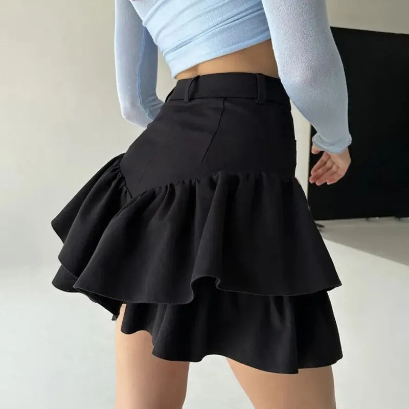 Ruffles Slim Skirts Women 2025 Black Temperament High Waist Skirt Femme Street Casual Folds Splice Elegant Skirt Ladies