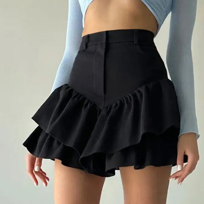 Ruffles Slim Skirts Women 2025 Black Temperament High Waist Skirt Femme Street Casual Folds Splice Elegant Skirt Ladies