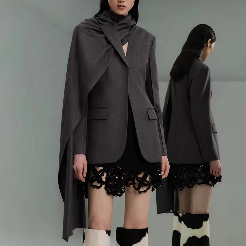Scarf Collar Blazer Women 2025 Autumn Winter Fashionable Slim Coat For Woman Luxury Jacket Street Casual Cardigan Femme