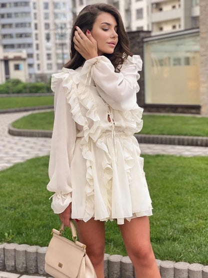 Sheer Lace Mesh Dress Women Fashion Deep V Neck Bandage Ruffle Oversized Shirt Dress Femme Elegant Sexy Cover-up Woman
