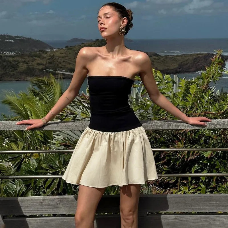 Slim Folds Dress For Women Bodycon Backless Splice Dresses Female Summer Sexy Off Shoulder Elegant Mini Dress Woman 2025