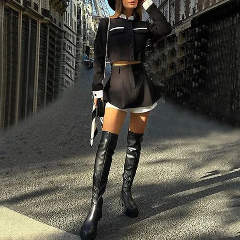 Tweed Shorts Skirt Two Piece Set Women Elegant Long Sleeve Single Breasted Jacket Woman Shorts 2 Suits Lady Outfits 2025