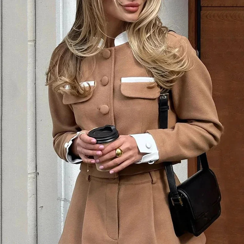 Tweed Shorts Skirt Two Piece Set Women Elegant Long Sleeve Single Breasted Jacket Woman Shorts 2 Suits Lady Outfits 2025