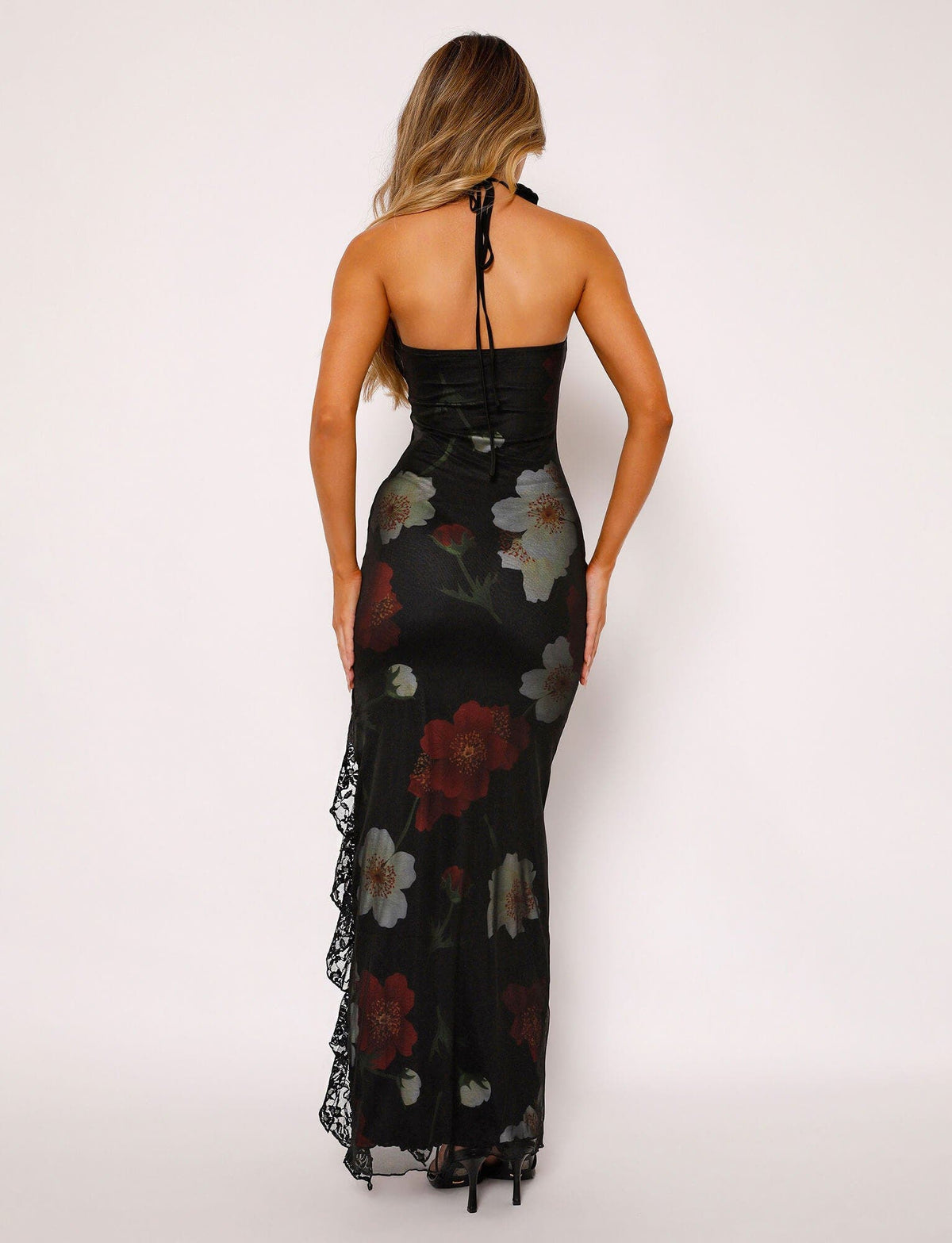 Strapless Floral Paisley Print High Slit Ruffle Trim Tube Maxi Dress
