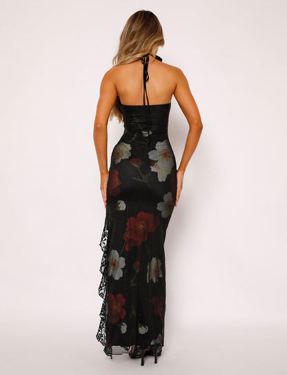 Strapless Floral Paisley Print High Slit Ruffle Trim Tube Maxi Dress
