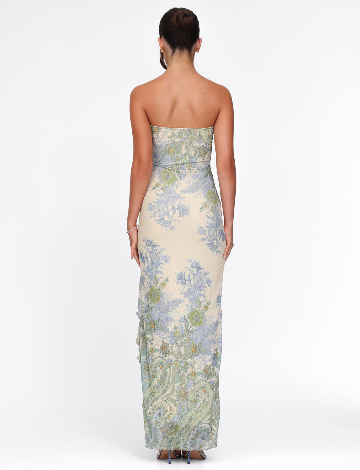 Strapless Floral Paisley Print High Slit Ruffle Trim Tube Maxi Dress