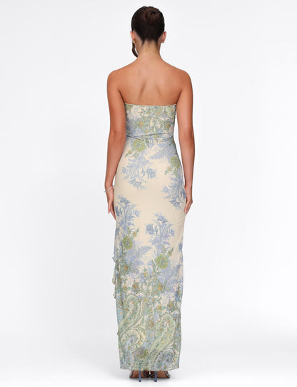 Strapless Floral Paisley Print High Slit Ruffle Trim Tube Maxi Dress