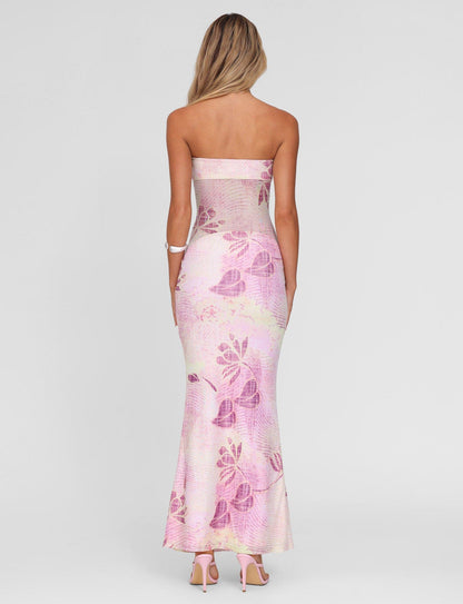 Strapless Floral Print Bodycon Tube Maxi Dress